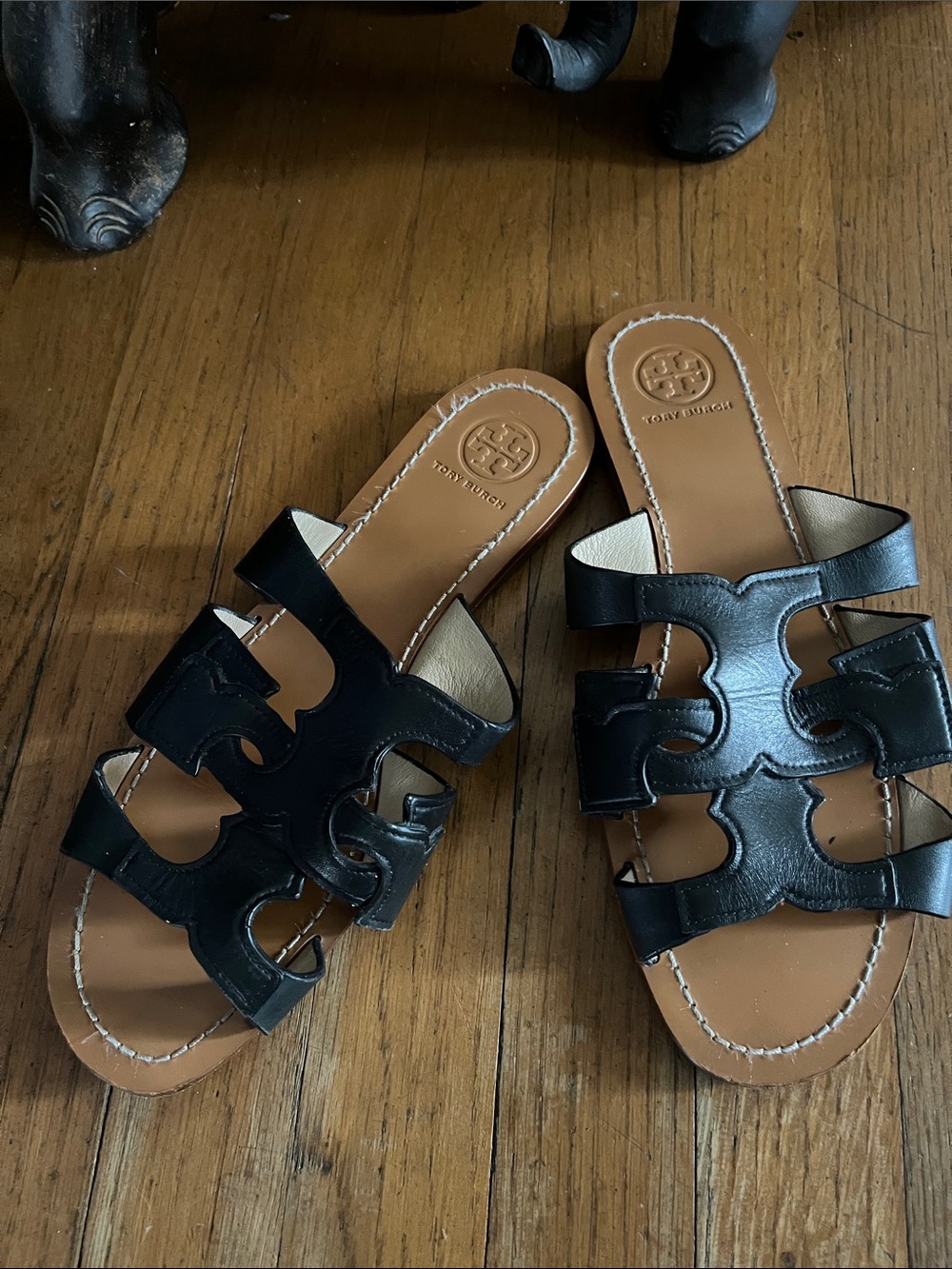 Tory Burch Black Leather Cutout Slide Sandals